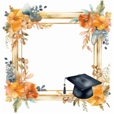 large golden frame with graduation caps and flowers, watercolor style, clipart