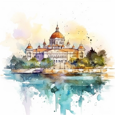 watercolor dolmabahçe palace seen from the sea the bosphorous bank and hills in istanbul in turkiye, be loyal to its modern architecture and please refer to real life pictures for utmost realism, illustrations clipart set, simple, , cartoon elements ,different variants ,, separate elements with a margin