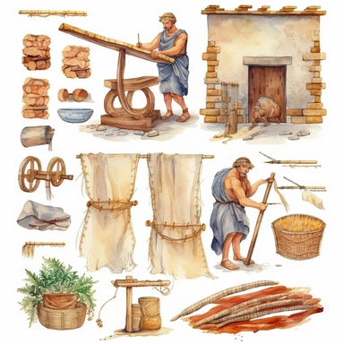 Watercolor well roman people weaving cloth , illustrations clipart set, simple, , cartoon elements, different variants , , marble elements, separate elements with a margin