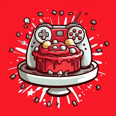 black and white cartoon style clipart of a generic video game controller and birthday cake mashup solid red background