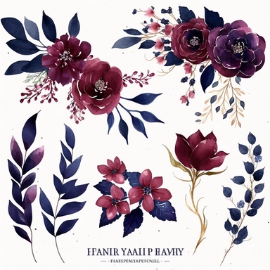 Burgundy Navy Watercolor Elegant Floral Clipart banner, Watercolor Flowers in the style of clipart banner. Burgundy Navy flowers clipart. white background