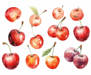 watercolor cherry fruits clipart, flat style, no volume, few details, washed out, minimalistic style, very lose details, very light colors, transparent colors, light airy hues and pastel tones, spaced out, white background, washed out colors and paint, hand-painted watercolor, watercolor spray, watercolor splash, splatters and paint smudges on top of each cherry, watercolor paper with visible rough paper texture, a variety of watercolor brushes, do not cross workspace borders, rough watercolor p