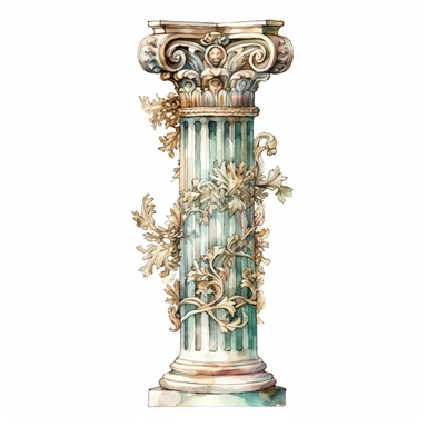 An elegant watercolor clipart illustration featuring Corinthian Greek column, showcasing their iconic architectural beauty. This clipart artwork captures the grace and intricacy of Corinthian column, known for their ornate capital adorned with acanthus leaves. The watercolor medium adds a soft and ethereal quality to the illustration, with delicate brushstrokes and subtle washes of color that enhance the classical aesthetics. The vibrant hues and subtle variations create a sense of depth and dim