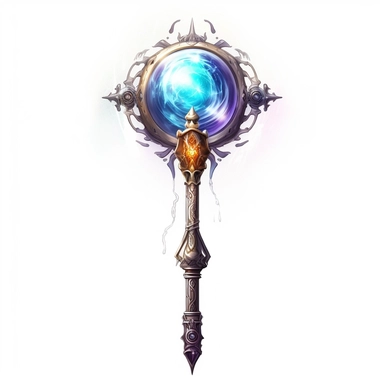 Design a captivating clipart image of a legendary staff against a pristine white background. The staff should have a radiant crystal orb crowning it, adorned with ancient runes and symbols. Let the staff emit a soft, pulsating glow to represent the wielder's magical prowess.