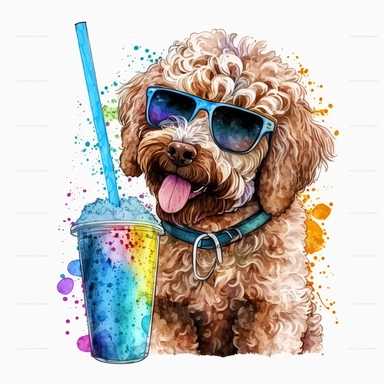 Funny Doodle Dog Watercolor Clipart Sunglasses Cold Drink Cute Doodle Dog PNG Commercial Use Dinking Doodle Dog Cute Illustration PNG Print