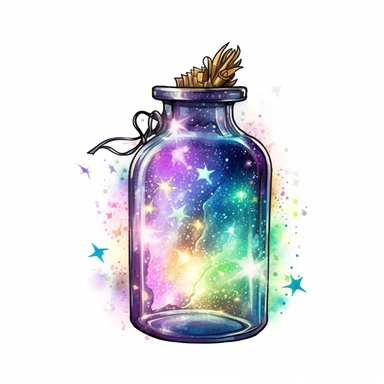 cartoon bottle of fairy dust, with a tag attached, glowing lights stars and sparkles, colors of green purple gold and blue, glamorous realistic and detailed, watercolor, white background with margins, clipart style