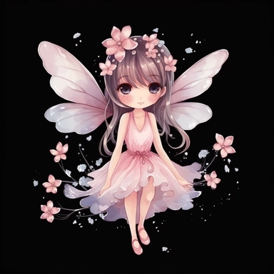 cute fairy with cherry blossoms clipart, watercolor style, Black Background