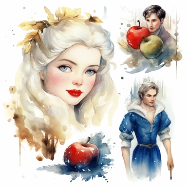 Watercolor snowwhite , illustrations clipart set, simple , cartoon elements, fairy tale theme and elements, different characters, handsome blonde prince, the huntsman, the evil queen, different variants , , separate elements with a margin
