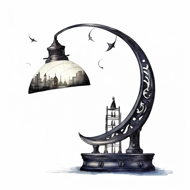 creepy magic desk lamp crescent moon clipart, detailed, white background, illustration painting, collaged constructions, digital art, watercolor, in the style of sculptural and geometric, forced perspective drawings, Geometric brushstrokes form an intriguingly abstract, in the style of dark fantasy, creepy frightening repulsive images, frightening, painterly figure, by Pablo Picasso, by Zdzisław Beksiński