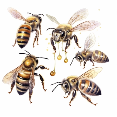 watercolor, A composition featuring multiple bees in various poses, each with pollen baskets on their hind legs, showcasing a diverse collection of pollen grains and highlighting the diverse pollination efforts of bees. (Digital drawing clipart, image black border color, full body, transparent background)