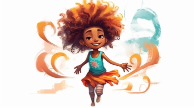 A joyful clipart portraying an African American girl with a charmingly textured hairstyle, adorned in fashionable and whimsical garments, set against a high-resolution and transparent background, brought to life with the vibrant colors and free-flowing brushstrokes of a watercolor art style,