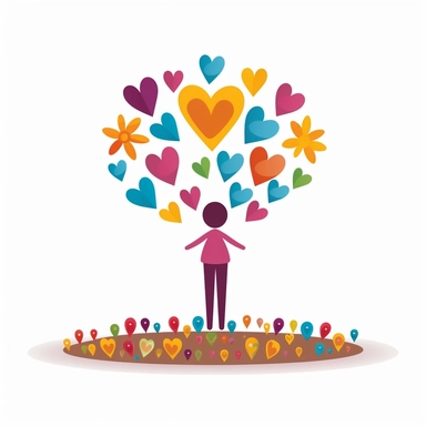 person growing from the ground like a flower with multi colored hearts growing like the bloom, a symbol for love and compassion social work, in the style of colorful clipart, cartoon, infographic, white background