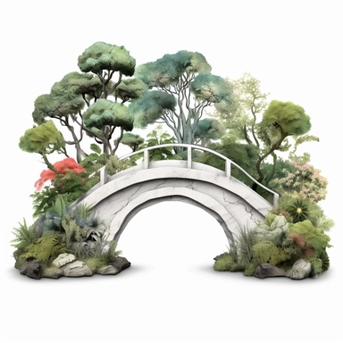 one garden bridge clipart on a white background, in the style of chie yoshii, heavy texture, artgerm, hiroshige, realistic and naturalistic textures, nature-inspired shapes, no watermark, text, 300 DPI , typography, shapes do not stick together, no text in the picture, on a white background