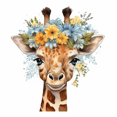 Nursery Print baby head giraffe flowers drawn in watercolor style, vector design, , Sublimation Clipart ,Cartoon,hyper realistic, intricate detail, illustration style,high solution,on the white background