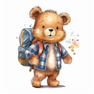 A cute adorable Teddy Bear go to school,clipart, wearing a backpack , Watercolor clipart in the style of nursery art children book character, hand drawn,single object,png transparent, white background for removing background - - no text shadow font watermark
