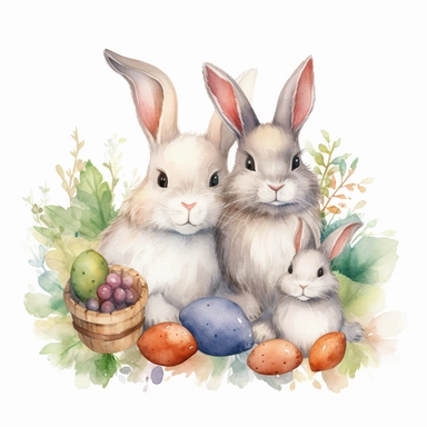 cute little bunny family, cute bunnies, clipart, watercolor, white background, colorful, high quality, high definition, 8k