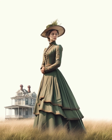 detailed beautiful lady , dressed in a sage victorian vintage dress on a big open farm, wide angle, long shot, with a house far from her as her background, hyper realistic, 8k, isolated on white backgorund, clipart