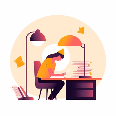 vector design, the student sits at the table writes, there are books on the table, a lamp. bookshelves, flat modern illustration, clipart, very simple picture, white background, soft gradient transition, in the style of warm color palette, natural pastel colors, in carrot, burgundy and sunny colors, object portraiture specialist, uniformly staged images, animated illustrations
