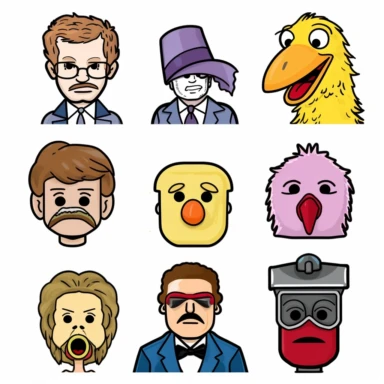 a set of black line clipart inspired by fast food and vampires and muppets and Funko Pop toys