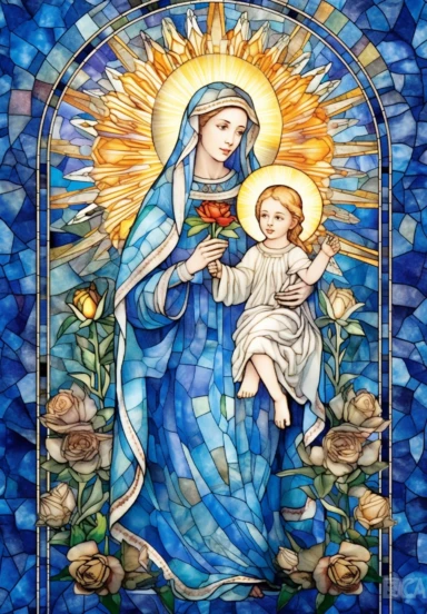 A sharp photograph of an expensive portrait, pay particular attention to the shape of your hands, less watercolor stained glass Madonna and child with matching crowns full body clipart, the Madonna is wearing a medium aquamarine blue mantle with bright white stars on it and the child is wearing a bright white robe, behind them is shimmering bright light, around many blue roses, highly detailed, white background, in the style of Catholic religious art, artist Andrea Lezcano, Vincent Van Gogh, in 