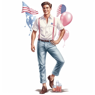 Beautiful handsome young man, 40's or 50's style, diferent poses celebrating the 4th of july, paint art style, different poses, detail, clipart, white background, superrealistic, one of a kind