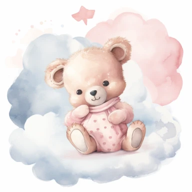clipart, a whimsical illustration of a contented, loving and angelic baby teddy bear holding ababy pacifier/dummy on it's mouth, wearing pajamas, surrendered by pink fluffy clouds, Use a smooth and light watercolor technique to give the artwork a dreamy and ethereal quality