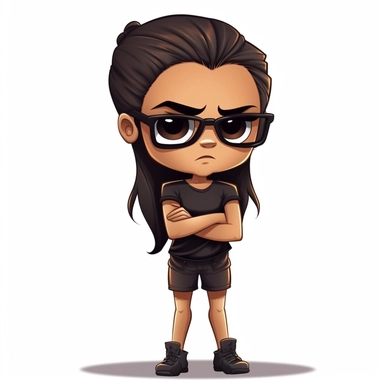 simple clipart cartoon of a 6-year old girl with brown hair in a pony tail and sunglasses, wearing a plain black T-shirt with arms crossed on a white background