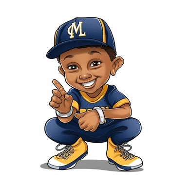 hyper-realistic cute and happy biracial boy baseball fan wearing blue and gold and facing the camera and squatting with five fingers per hand posing and pointing at the camera in the style of digital airbrushing, sticker, clipart, vector, contour, white background