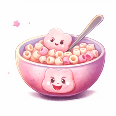kawaii pink bowl of cereals with a spoon inside de bowl, pastel dusty pink palette, super cute, so adorable that is breaks your heart, full body, watercolor clipart, isolated on white background, cute-core