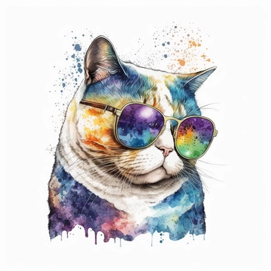 watercolor cozy watercolor clipart artwork of fat cat with sunglasses, hd white background