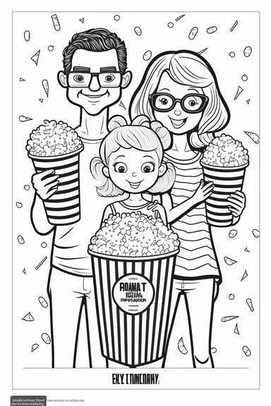Eat popcorn and enjoy a movie as a family., realistic modern cartoon style, bold black lines, in style of coloring book page for adults, illustration, BLACK AND WHITE, clean lines, vector lines, hand drawn, clipart, printable outlined art, white background, white spaces for coloring in, perfect hands, symmetrical face, perfect legs, symmetrical body