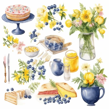 swedish theme clipart, midsummer holiday, flowers, flags and food, in the style of dreamy watercolor scenes, detailed character illustrations, mundane materials, storybook illustration style, swedish colors, white backround
