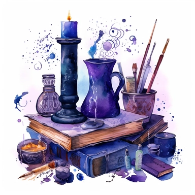 a wizzard study space with scrolls, candles, books, magical items, potions, watercolor, clipart, airbrush art, scientific illustrations, realistic color schemes, intense deep purple and navy blue colors, white background