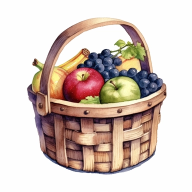 watercolor ultra realistic and hyper detailed illustration of country style basket with fruits, clipart, white background