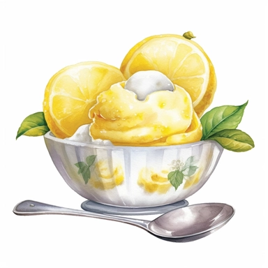 Highly detailed image of watercolor style clip art style staged bowl of lemon sorbet with additional overlapping accessories on a white background