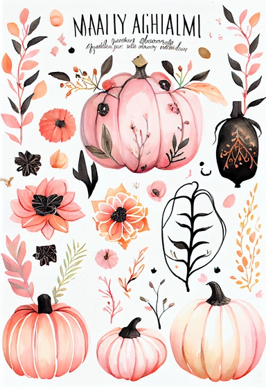 a pretty boho fun art collection on a white background with margins, pink orange and black Halloween pumpkins, watercolor, clipart,