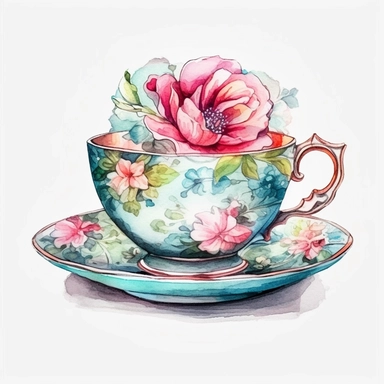 vintage tea cup, hyper realistic, pink, blue, green, watercolor clipart, white background