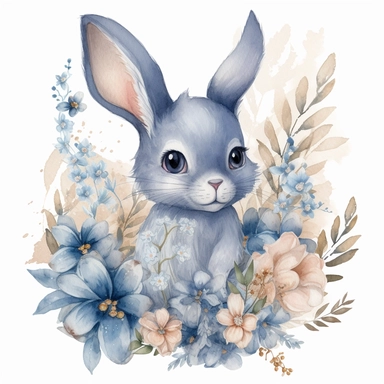 A sophisticated and enchanting collection of elegant watercolor clipart depicting a blue baby bunny holding a wildflower bouquet. The hand-painted bunny is lovingly rendered in soft, dreamy shades of blue that highlight its delicate features, expressive e