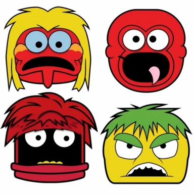 a set of black line clipart inspired by fast food and vampires and muppets and Funko Pop toys