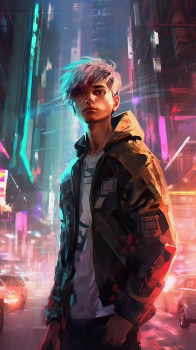 beautiful stunning pretty vintage cyberpunk anime boy, paint art style, clipart, city landscape background, superrealistic, one of a kind