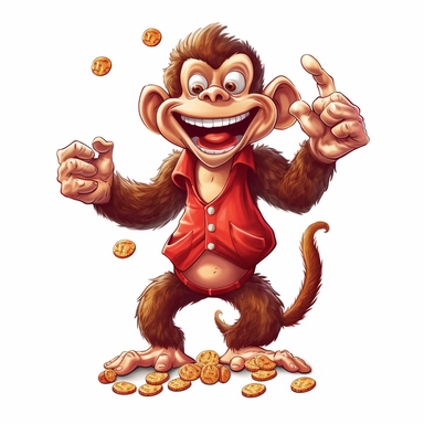 goofy laughing monkey, holding peanuts, full body, vectorized graphic, clipart, cartoon, white background