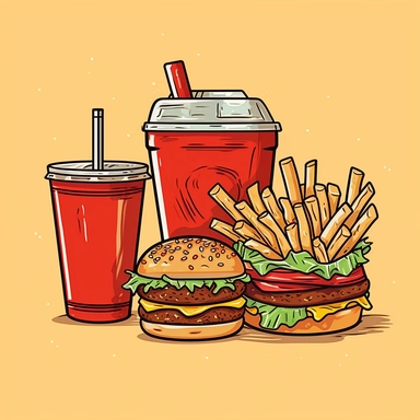 Imagine a delightful clipart featuring the classic trio of a cola, hamburger, and chips. The hand-drawn style brings an element of charm. The cola glass stands tall and fizzy, a striped straw poking out. Next to it is a delicious-looking hamburger, complete with fresh lettuce, a juicy patty, and a slice of tomato. A small heap of crispy chips sits nearby, golden and inviting. All these elements are placed on a white background, accentuating the vibrant colors and details of the food.