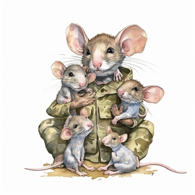 a soldier mouse dad with kids, detailed, hd, watercolor, clipart, white background