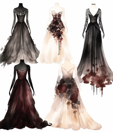 4 watercolor illustration goth wedding dress, in the style of dark palette chiaroscuro, romantic motifs, white, dark maroon and bronze, naïve, inventive, romantic floral motifs, clipart, white background