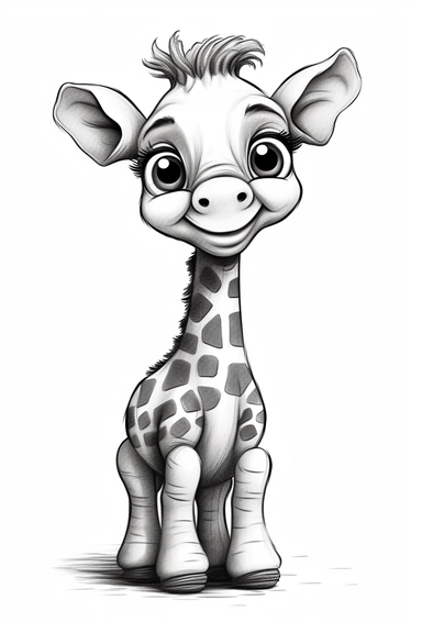 pixar baby happy Giraffe clipart, simple line art, monocromatic, isolated on white background, color image, full body, stroke line art, for toddler coloring, 8k