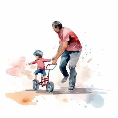 Image of a father teaching his child to ride a bike or skate, water color style, clipart, white background