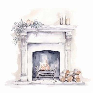 basic watercolor white fireplace in minimal hand drawn style, Etsy, textured, clipart, white background