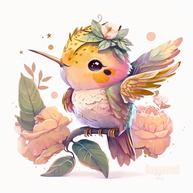 watercolor baby humming bird clipart, full body, chibi, Nursery Art, Nursery Decor, dreamy eyes, magical, high rendering, central focus, scenic background, intricate details, kawaii chibi, by Ross Tran, retro,pink light golden, Cinematic feel, tiger, Tropical,floral, colourfull,