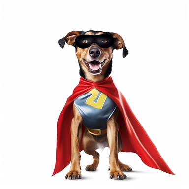 Goofy dog dressed up in superhero costume, striking hilarious pose clipart