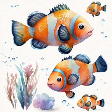watercolor clipart of a clown fish clipart , cute cartoon marine animals, watercolor, watercolor paper texture, no background. clear simple shapes. isolated clipart. Adorable. High quality.